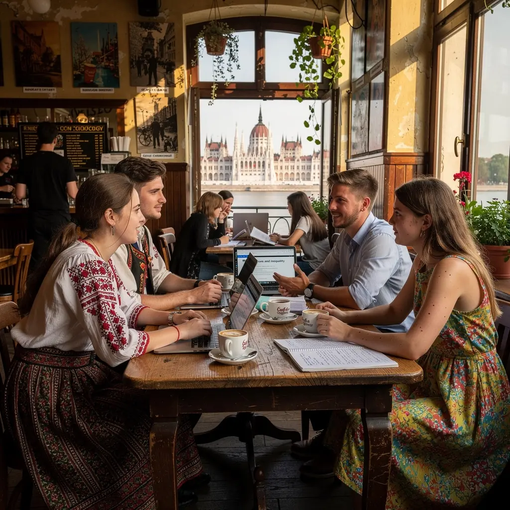 Diákok egy csoportja, akik interaktívan vitatják meg a társadalmi intézmények szerepét a kulturális egyenlőtlenség csökkentésében.